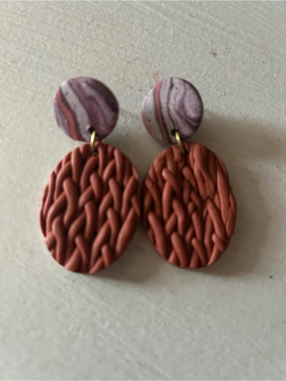 Terra-Cotta Knit-Texture Drop Earrings with Marbled Lavender Studs